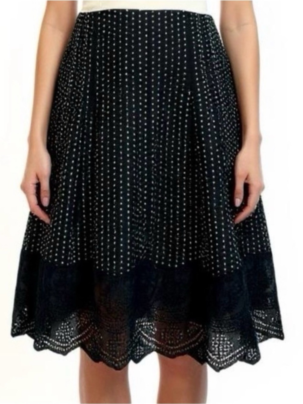ANN TAYLOR Black Polka Dot Skirt Women’s Sz 6P 100% Cotton Full Knee Lace Hem